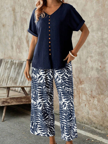 EMERY ROSE Women Solid Color Basic Short Sleeve Top And Printed Pants Two-Piece Set