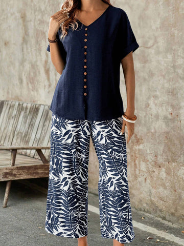 EMERY ROSE Women Solid Color Basic Short Sleeve Top And Printed Pants Two-Piece Set