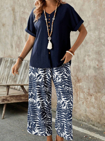 EMERY ROSE Women Solid Color Basic Short Sleeve Top And Printed Pants Two-Piece Set