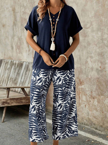 EMERY ROSE Women Solid Color Basic Short Sleeve Top And Printed Pants Two-Piece Set