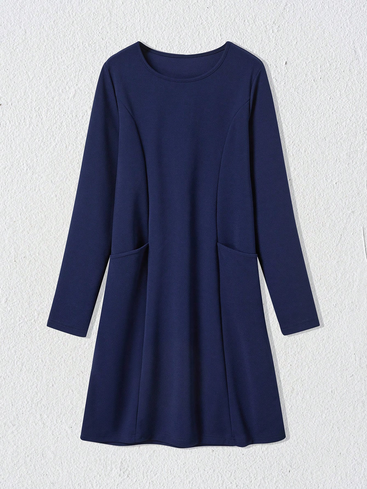 EMERY ROSE Women Solid Color Crew Neck Dual Pocket Long Sleeve Short Casual Dress