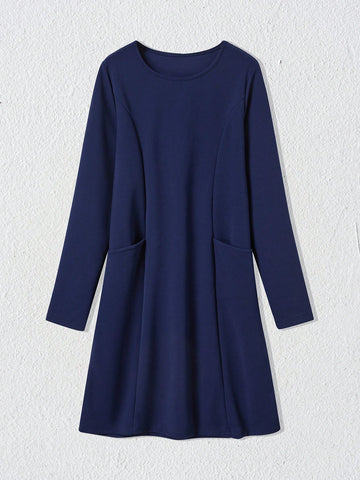 EMERY ROSE Women Solid Color Crew Neck Dual Pocket Long Sleeve Short Casual Dress