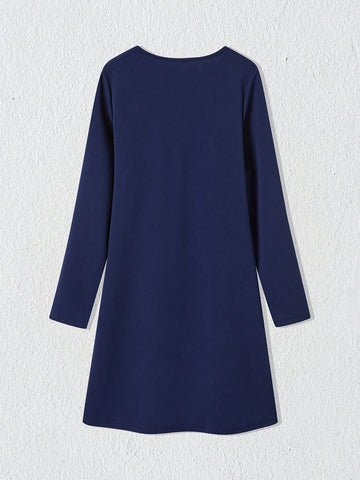 EMERY ROSE Women Solid Color Crew Neck Dual Pocket Long Sleeve Short Casual Dress