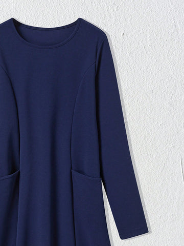 EMERY ROSE Women Solid Color Crew Neck Dual Pocket Long Sleeve Short Casual Dress