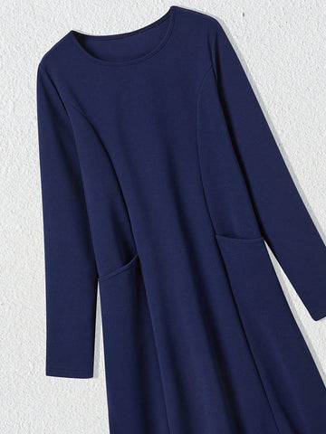 EMERY ROSE Women Solid Color Crew Neck Dual Pocket Long Sleeve Short Casual Dress