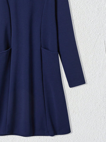 EMERY ROSE Women Solid Color Crew Neck Dual Pocket Long Sleeve Short Casual Dress