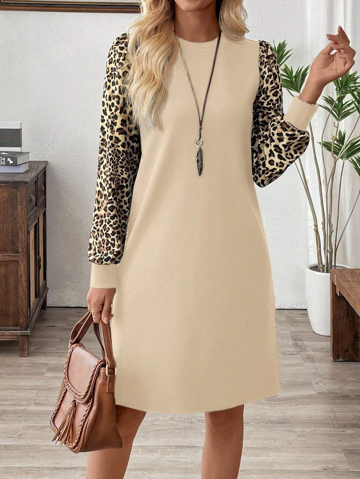 EMERY ROSE Women Solid Color Patchwork Round Neck Long Sleeve Simple Casual Short Dress