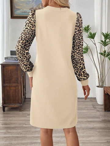 EMERY ROSE Women Solid Color Patchwork Round Neck Long Sleeve Simple Casual Short Dress