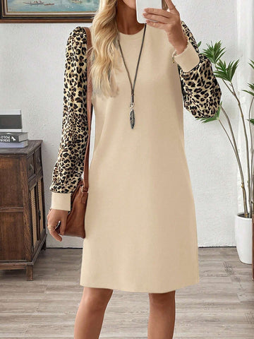 EMERY ROSE Women Solid Color Patchwork Round Neck Long Sleeve Simple Casual Short Dress