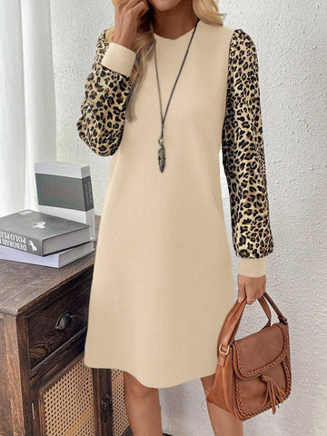 EMERY ROSE Women Solid Color Patchwork Round Neck Long Sleeve Simple Casual Short Dress