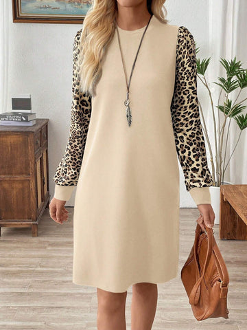 EMERY ROSE Women Solid Color Patchwork Round Neck Long Sleeve Simple Casual Short Dress