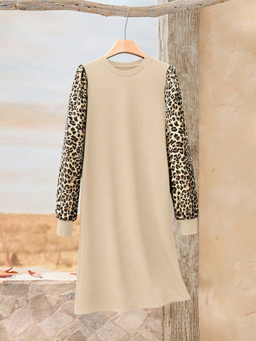 EMERY ROSE Women Solid Color Patchwork Round Neck Long Sleeve Simple Casual Short Dress