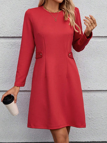 EMERY ROSE Women Solid Color Round Neck Long Sleeve Casual/Commute Mini Dress, Autumn