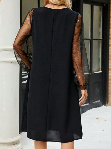 EMERY ROSE Women Solid Color Round Neck Long Sleeve Mesh Patchwork Casual Short Dress