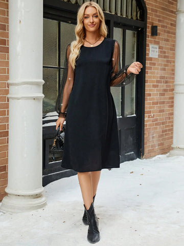 EMERY ROSE Women Solid Color Round Neck Long Sleeve Mesh Patchwork Casual Short Dress