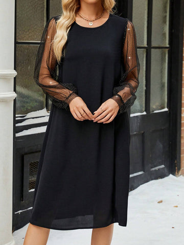 EMERY ROSE Women Solid Color Round Neck Long Sleeve Mesh Patchwork Casual Short Dress