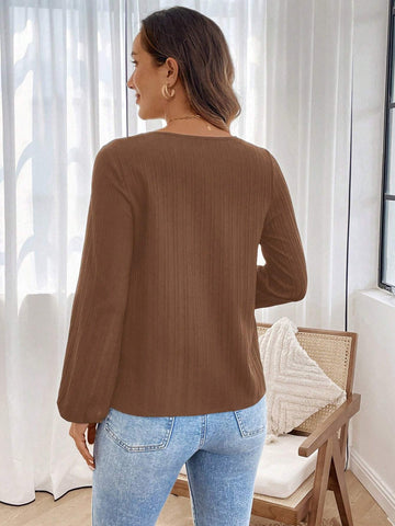 EMERY ROSE Women Solid Color Round Neck Long Sleeve Pleated Loose Casual Blouse, Autumn