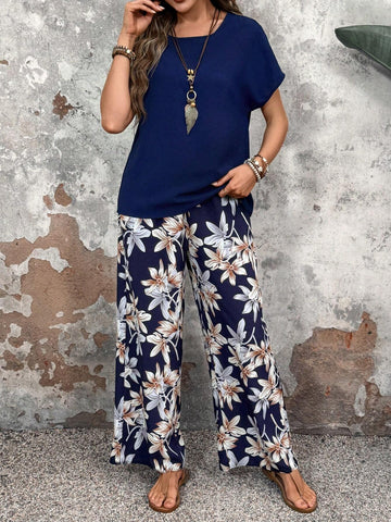 EMERY ROSE Women Solid Color Round Neck Short Sleeve Top And Flower Print Wide Leg Pants Set For Summer