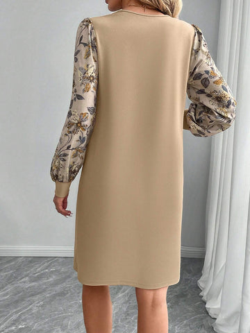 EMERY ROSE Women Solid Color Splicing Round Neck Long Sleeve Casual Short Dress