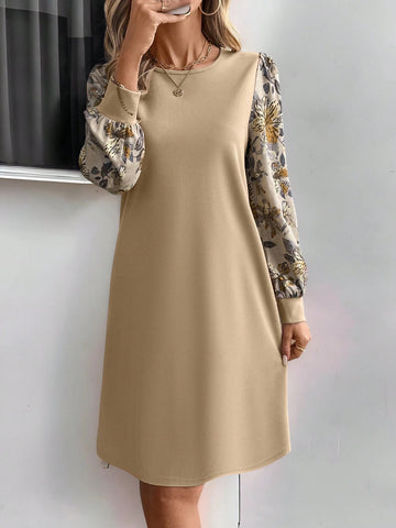 EMERY ROSE Women Solid Color Splicing Round Neck Long Sleeve Casual Short Dress