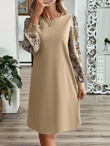 EMERY ROSE Women Solid Color Splicing Round Neck Long Sleeve Casual Short Dress