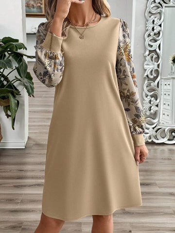 EMERY ROSE Women Solid Color Splicing Round Neck Long Sleeve Casual Short Dress