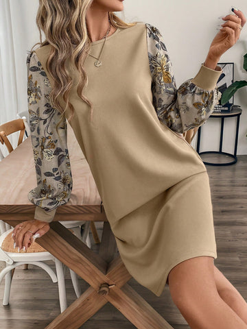 EMERY ROSE Women Solid Color Splicing Round Neck Long Sleeve Casual Short Dress