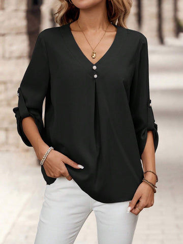 EMERY ROSE Women Solid Color V-Neck Casual Rolled-Up Sleeve Blouse