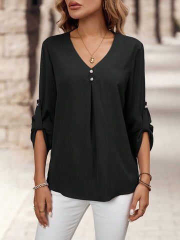 EMERY ROSE Women Solid Color V-Neck Casual Rolled-Up Sleeve Blouse