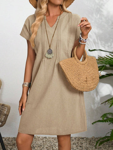 EMERY ROSE Women Solid V-Neck Short Sleeve Simple Short Casual Dress