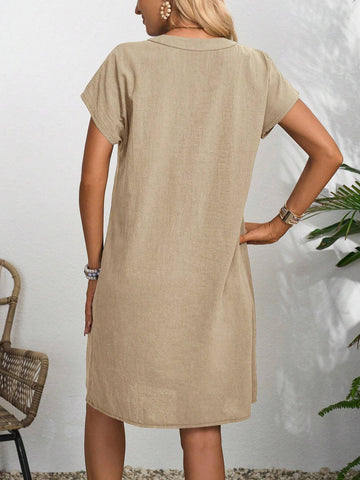 EMERY ROSE Women Solid V-Neck Short Sleeve Simple Short Casual Dress