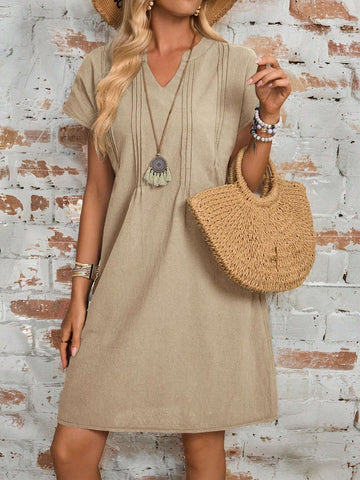 EMERY ROSE Women Solid V-Neck Short Sleeve Simple Short Casual Dress
