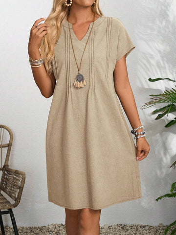 EMERY ROSE Women Solid V-Neck Short Sleeve Simple Short Casual Dress