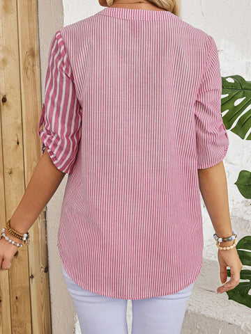 EMERY ROSE Women Striped Print V-Neck Roll-Up Sleeve Shirt