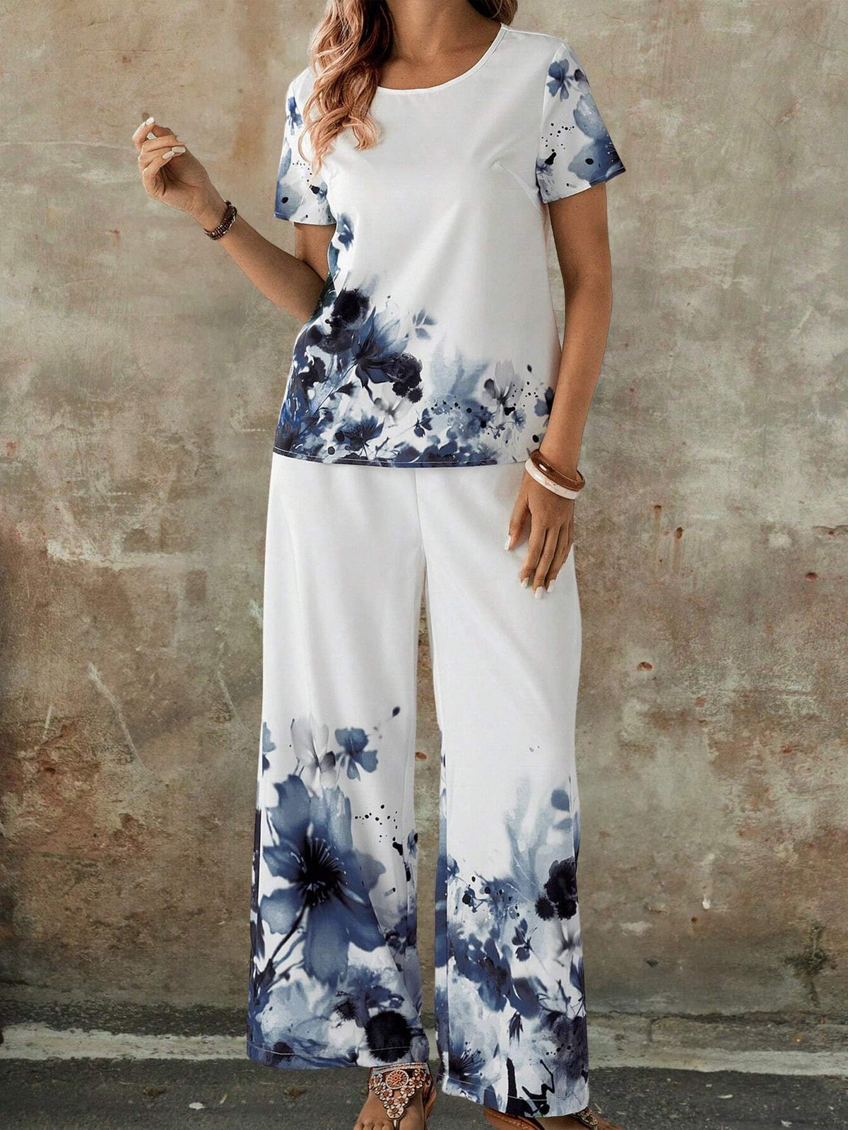 EMERY ROSE Women Summer Holiday Flower Print Round Neck Short Sleeve Top And Loose Casual Pants Set