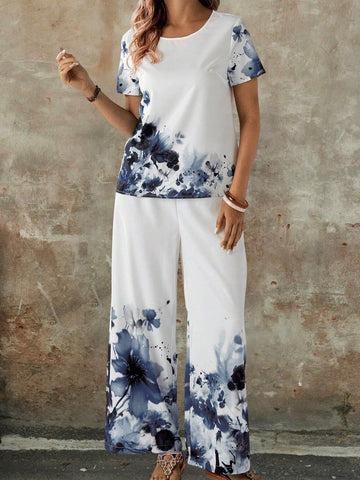 EMERY ROSE Women Summer Holiday Flower Print Round Neck Short Sleeve Top And Loose Casual Pants Set