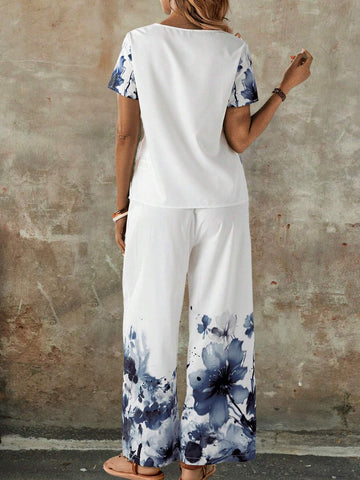EMERY ROSE Women Summer Holiday Flower Print Round Neck Short Sleeve Top And Loose Casual Pants Set