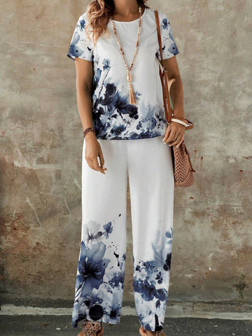 EMERY ROSE Women Summer Holiday Flower Print Round Neck Short Sleeve Top And Loose Casual Pants Set