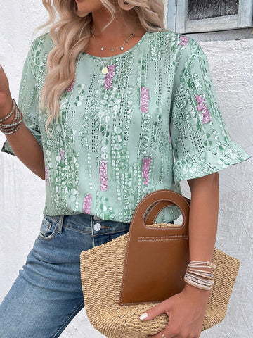 EMERY ROSE Women Summer Holiday Geometric Printed Loose Fit Shirt With Round Neck And Flared Sleeves