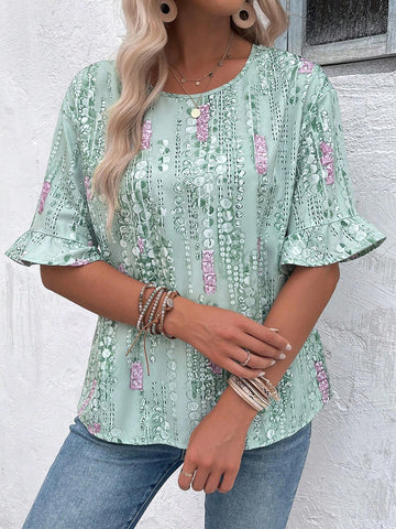 EMERY ROSE Women Summer Holiday Geometric Printed Loose Fit Shirt With Round Neck And Flared Sleeves