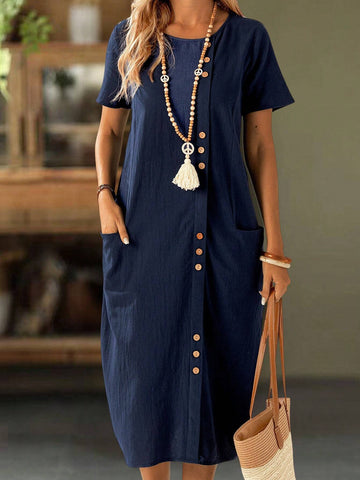 Women Summer Short Sleeve Solid Color Dress With Mock Button And Pocket