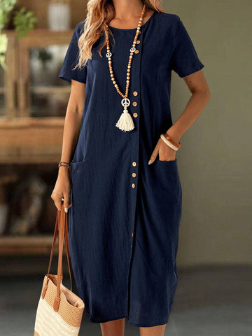 Women Summer Short Sleeve Solid Color Dress With Mock Button And Pocket