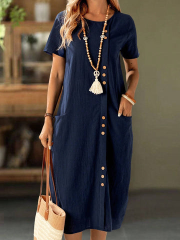 Women Summer Short Sleeve Solid Color Dress With Mock Button And Pocket