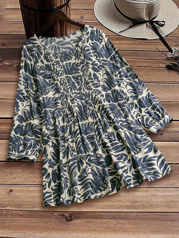 EMERY ROSE Women Summer Tropical Print Pleated Blouse