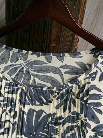 EMERY ROSE Women Summer Tropical Print Pleated Blouse