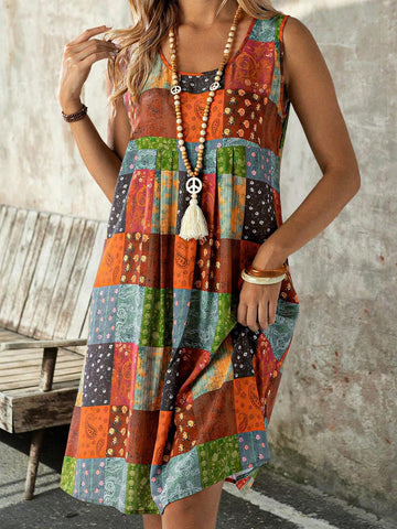 EMERY ROSE Women Summer Vacation Style Patchwork Print Casual Loose Tank Dress