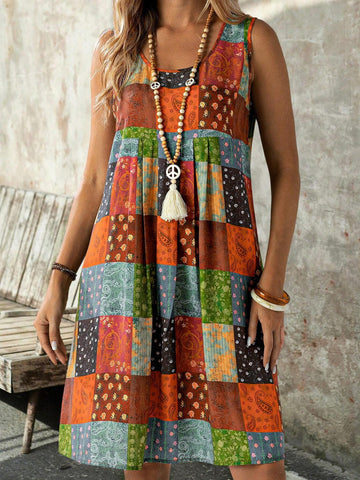 EMERY ROSE Women Summer Vacation Style Patchwork Print Casual Loose Tank Dress