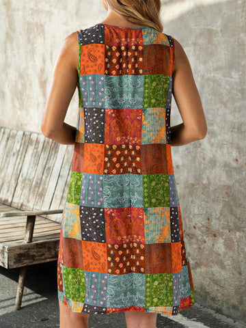 EMERY ROSE Women Summer Vacation Style Patchwork Print Casual Loose Tank Dress