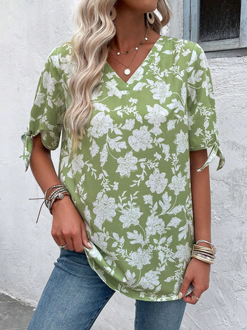 EMERY ROSE Women V-Neck Floral Printed Tie Front Summer Casual Shirt