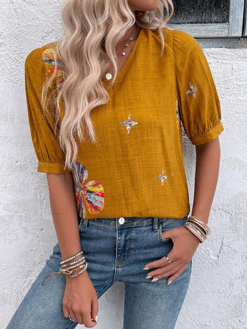 EMERY ROSE Women V-Neck Random Printed Summer Blouse